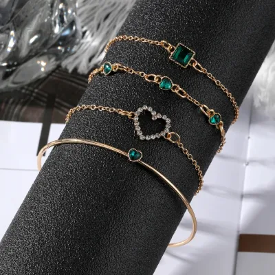 Fashion Green Heart-shaped Square Crystal Bracelet Set